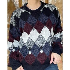 Expressions Vintage Geometric Argyle Knit Blue Black Grey Burgundy White Sweater